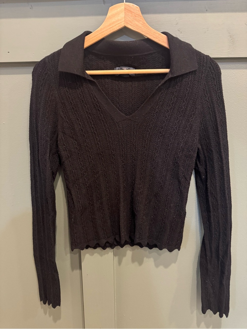Maeve by Anthropologie Black Collared V-Neck Cable Knit Long Sleeve Sweater